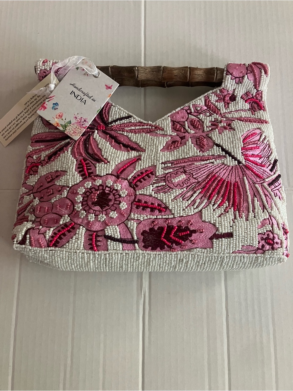 Handmade Pink Beaded Floral Top-Handle Bag
